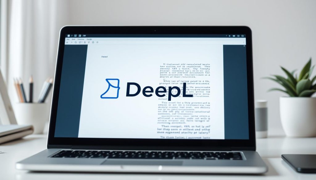 A close-up view of a PDF document file on a laptop screen, with the DeepL logo prominently displayed in the center. The PDF document appears to be in focus, hinting at the translation capabilities of DeepL. The laptop is placed on a clean, minimalist desk, with subtle office supplies and a plant visible in the background, creating a professional and productive atmosphere. The lighting is soft and diffused, highlighting the details of the screen and the PDF document. The composition is balanced, with the DeepL logo and the PDF document taking up the majority of the frame, conveying the central message of the image.