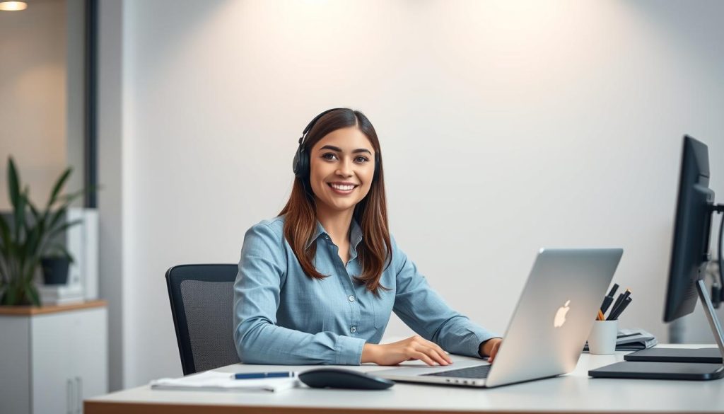 A professional, friendly-looking customer service agent for DeepL, sitting at a modern desk with a laptop, phone, and other office supplies. The agent has a warm and approachable expression, conveying a sense of competence and willingness to assist. The background is a clean, minimalist office setting with subtle lighting and a neutral color palette, creating a calm and professional atmosphere. The image should have a sharp focus, high-quality rendering, and a realistic, lifelike appearance to effectively illustrate the "DeepL account troubleshooting guide" section of the article.