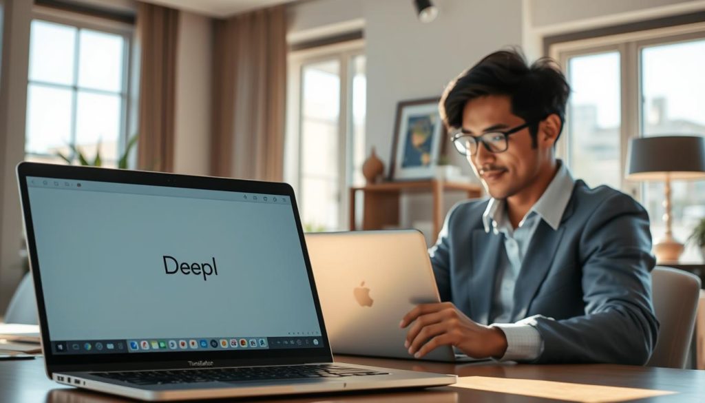 A serene office scene showcasing the DeepL translation experience. In the foreground, a laptop displays the DeepL interface, its clean and intuitive design inviting interaction. Sunlight streams through large windows, casting a warm glow on the scene. In the middle ground, a knowledgeable user diligently operates the laptop, their face relaxed and focused, reflecting the ease of the translation process. The background features tasteful office decor, suggesting a professional, yet comfortable setting conducive to productive work. The overall atmosphere conveys a sense of efficiency, reliability, and user-friendliness associated with the DeepL translation tool.