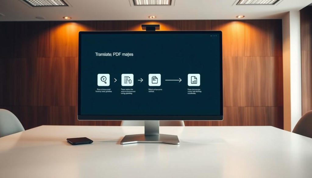 A sleek, modern office setting with a large, high-resolution computer monitor displaying the step-by-step process of translating a PDF document using DeepL. The monitor's screen showcases clear, intuitive icons and navigation elements, guiding the user through the workflow. Warm, indirect lighting illuminates the scene, creating a professional and productive atmosphere. The desk surface is uncluttered, allowing the focus to remain on the digital interface. The overall composition conveys the ease and efficiency of using DeepL to translate PDF files, visually complementing the article's subject and section title.