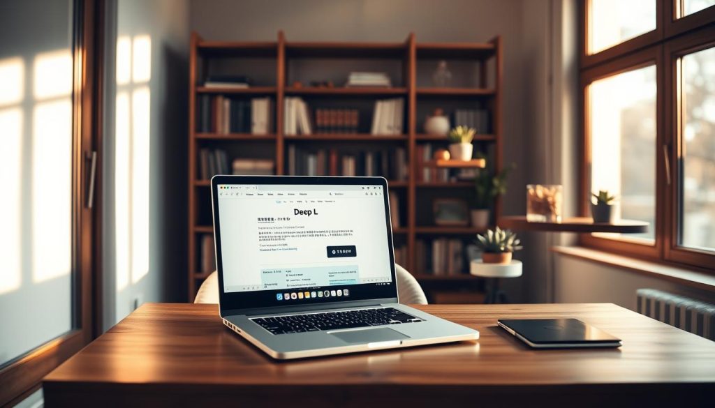A tranquil, minimalist home office setting, bathed in warm, natural lighting from a large window. At the center of the frame, a sleek, modern laptop sits atop a minimalist wooden desk, its screen displaying the DeepL homepage. The desk is adorned with a few simple office supplies, creating a sense of productivity and focus. In the background, a bookshelf filled with volumes and a succulent plant on a floating shelf add depth and a touch of greenery, complementing the serene atmosphere. The overall scene conveys a sense of effortless accessibility and the ease of using DeepL's translation services from the comfort of one's own workspace.