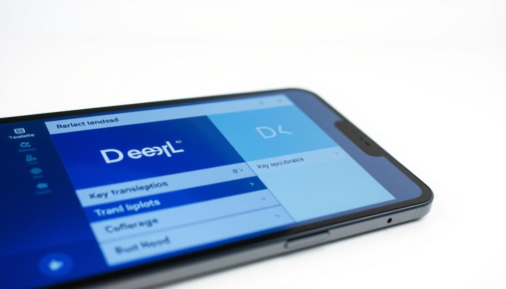 a detailed, high-resolution image of the DeepL AI translation app interface and logo, set against a clean, minimalist background. The app's sleek, modern design is showcased, with the DeepL wordmark prominently displayed. The interface should feature key translation controls and options, conveying the functionality and usability of the software. Lighting should be soft and diffused, creating a professional, polished aesthetic. The camera angle should be slightly elevated to provide an optimal view of the app's layout and features. The overall mood should be one of clarity, efficiency, and technological sophistication.