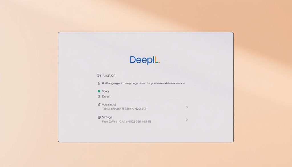 A clean, minimalist setup screen for the DeepL translation app, set against a soft, warm-toned background. The screen prominently displays the DeepL logo and various configuration options, such as language selection, voice input, and settings. The interface is intuitive and well-organized, with clear iconography and subtle gradients. Soft, directional lighting from the top left casts gentle shadows, highlighting the depth and texture of the digital elements. The overall mood is one of efficiency and professionalism, reflecting the utilitarian nature of the translation tool.
