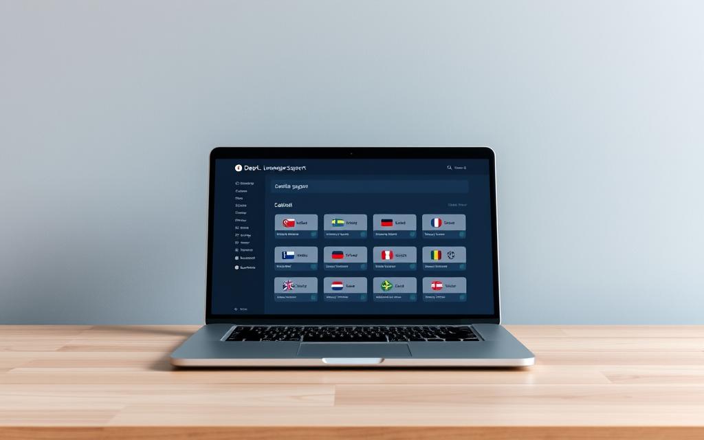 A clean, modern desktop scene with a sleek laptop displaying the DeepL language support interface. The laptop is placed on a minimalist wooden desk, with a subtle gray background. The lighting is soft and natural, creating a calm and professional atmosphere. The interface showcases the various language options supported by DeepL, with clear icons and a user-friendly layout. The scene conveys the ease and accessibility of using DeepL for multilingual communication, without any distracting elements. The focus is on the technology and its capabilities, reflecting the informative nature of the article section.