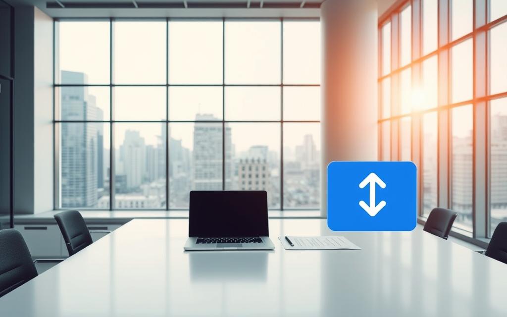 A clean, modern office interior with a large desk in the foreground. On the desk, a laptop and documents are neatly arranged, alongside a DeepL logo and an upload icon, suggesting the file upload process. The background features a floor-to-ceiling window overlooking a cityscape, bathing the scene in warm, natural light. The overall atmosphere is one of efficiency, productivity, and technological sophistication, conveying the streamlined workflow of batch file translation using DeepL.