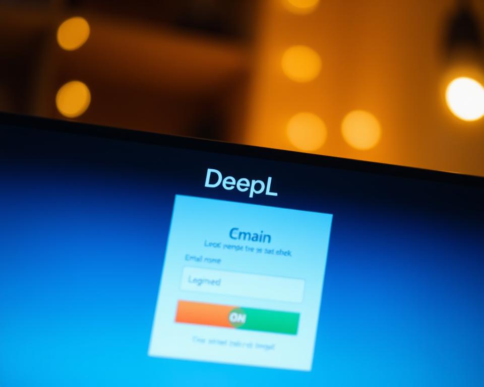A close-up view of a computer screen displaying the DeepL email login page. The screen is bathed in a warm, ambient light, creating a cozy, inviting atmosphere. The login form is prominently featured, with clean, minimalist design elements that emphasize simplicity and ease of use. The background is slightly blurred, drawing the viewer's attention to the login interface. The overall composition conveys a sense of familiarity and accessibility, reflecting the user-friendly nature of the DeepL translation service.
