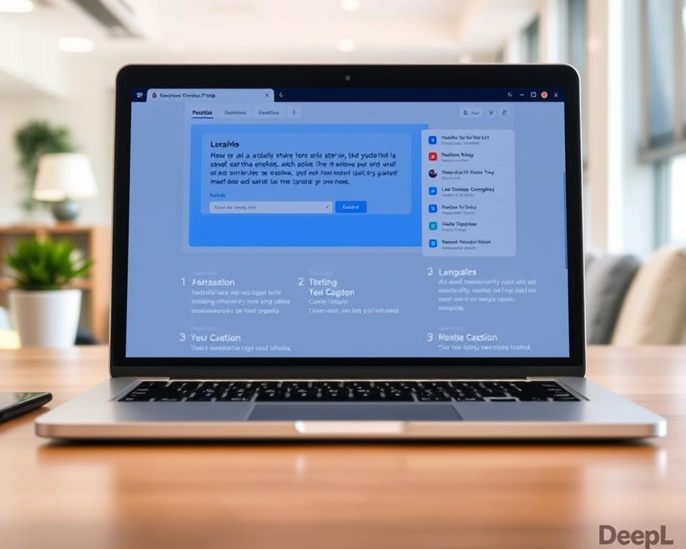A detailed, step-by-step instruction manual for the DeepL translation plugin, presented in a clean, minimalist style. The foreground features a laptop screen displaying the plugin interface, with intuitive icons and navigation elements. The middle ground showcases the plugin's key features, such as language selection, text input, and translation options, all highlighted with crisp, legible typography. The background depicts a serene, blurred office environment, creating a sense of professionalism and practicality. The lighting is soft and natural, enhancing the overall clarity and approachability of the scene. The camera angle is slightly elevated, providing an accessible and comprehensive view of the plugin's usage guide.