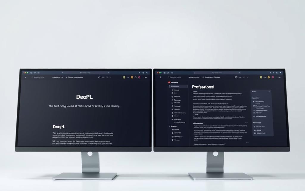 A high-resolution, close-up side-by-side comparison of the DeepL free and professional translation interfaces, showcased against a clean, minimalist background. The free version is on the left, with a sleek, modern UI and elegant typography. The professional version is on the right, with a slightly more complex layout highlighting advanced features. Both displays are well-lit, with soft, diffused lighting from an overhead source, creating a sense of depth and clarity. The scene has a cool, subdued color palette, emphasizing the digital, tech-savvy nature of the subject matter. The overall tone is one of thoughtful, objective comparison, inviting the viewer to assess the differences between the two versions of the DeepL translation service.
