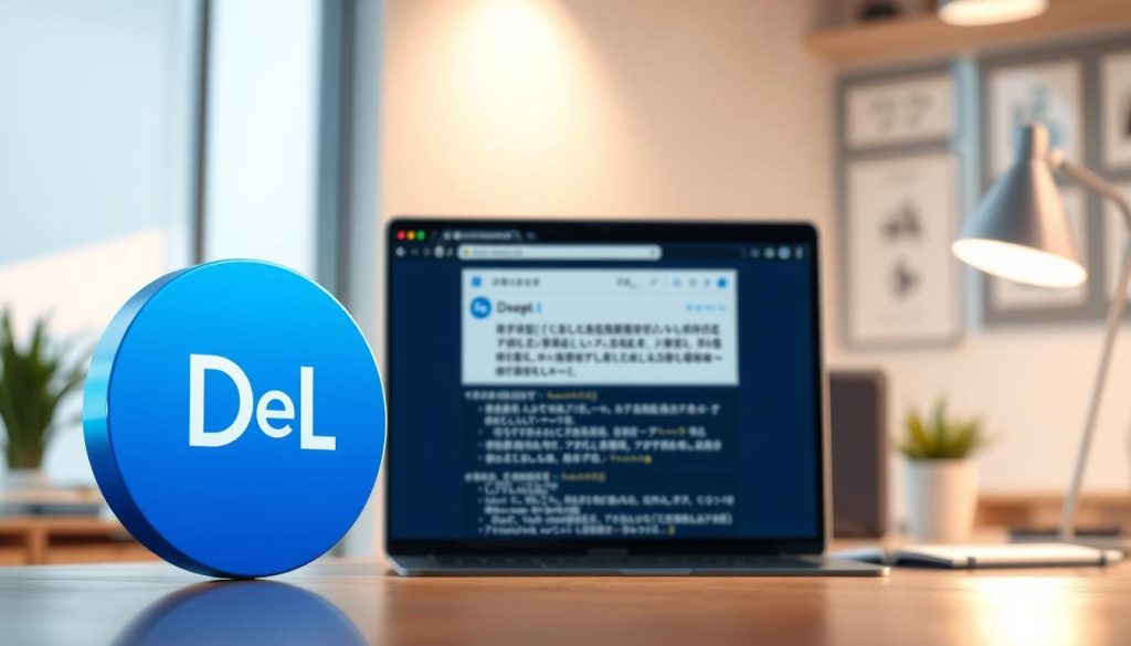 A highly detailed and realistic digital illustration of the DeepL browser extension. The extension icon is prominently displayed in the foreground, depicted with a sleek, minimalist design and a bold, vibrant color scheme. The extension window is open, showcasing the intuitive user interface and translation functionality. In the middle ground, a browser window displays a web page, with the DeepL translation interface overlaid, highlighting the seamless integration. The background features a soft, blurred office environment, with a desk, computer, and other office accessories, conveying a professional, productivity-focused atmosphere. The lighting is natural and directional, casting subtle shadows and highlights to enhance the realistic appearance. The overall tone is sophisticated, modern, and visually appealing, reflecting the high-quality and user-friendly nature of the DeepL browser extension.