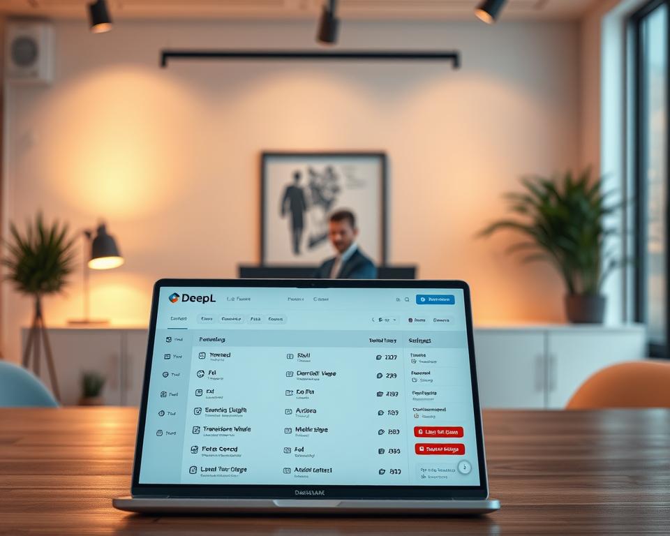 A highly detailed, photorealistic image of the DeepL translation interface showcasing its advanced features. The foreground depicts the DeepL dashboard with various options and settings displayed, including text translation, document translation, and language detection. The middle ground features a laptop screen displaying the DeepL website, with a professional-looking user navigating the interface. In the background, a serene office environment with minimalist decor and warm, diffused lighting creates a calm, productive atmosphere. The overall composition conveys the power and sophistication of DeepL's translation capabilities, suitable for an article exploring its advanced functionality.