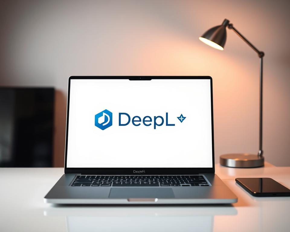 A minimalist desktop setup with a modern laptop computer, focused on the DeepL logo on the screen. The laptop is placed on a clean, white desk, with a simple, elegant lamp casting a warm, diffused light. The background is blurred, creating a sense of depth and drawing the viewer's attention to the laptop screen. The overall mood is one of simplicity, professionalism, and focused problem-solving, reflecting the "DeepL忘记密码" challenge being addressed.