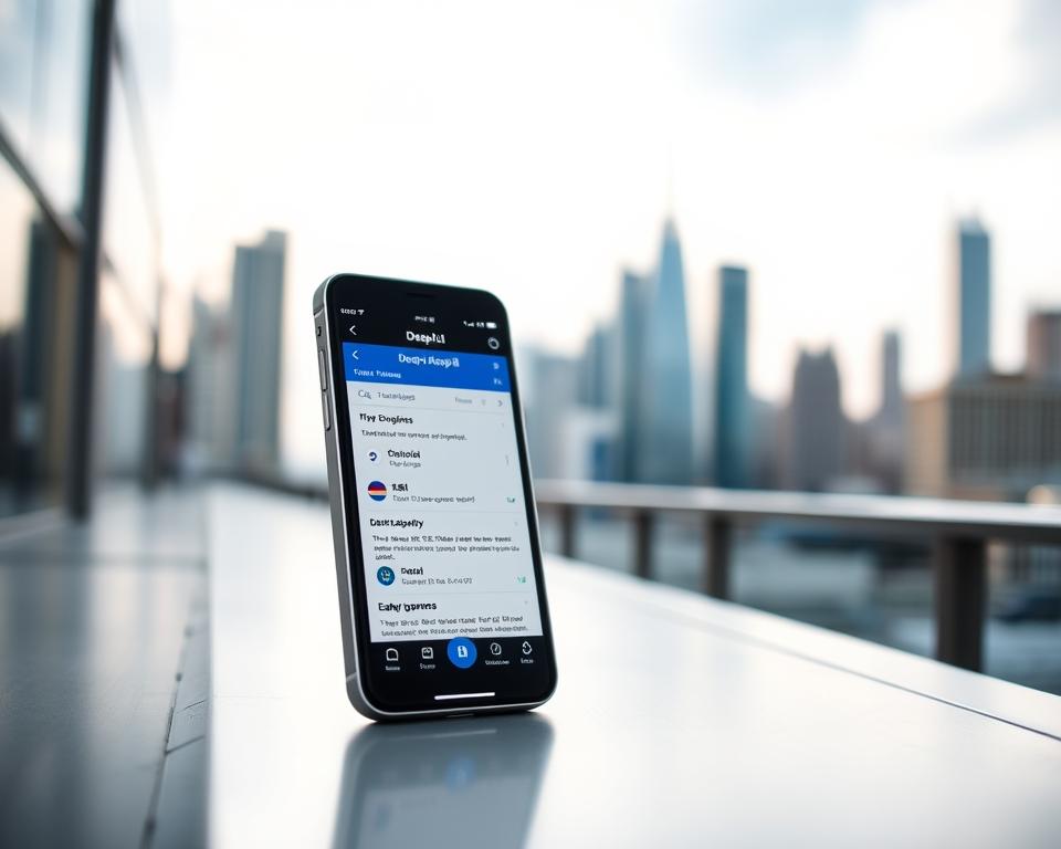 A mobile application interface showcasing the DeepL translation app. The foreground features a sleek, minimalist design with a clean, intuitive layout. Large, high-resolution screenshots of the app's main screens are prominently displayed, highlighting its key features and functionality. The middle ground shows the app running on a modern, high-end smartphone device with a vibrant, OLED display. The background depicts a serene, blurred cityscape, conveying a sense of productivity and global connectivity. The lighting is soft and diffused, creating a calm, professional atmosphere. The camera angle is slightly elevated, providing an engaging, user-centric perspective. Overall, the image should convey the ease, power, and versatility of using DeepL on the go.