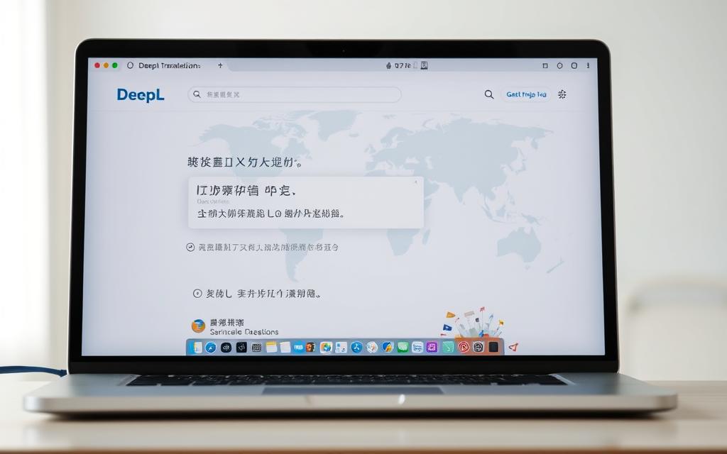 A photo-realistic, high-quality image of "DeepL翻译准确性" with the following details: In the foreground, a close-up view of a laptop screen displaying the DeepL website's translation interface. The translation results are prominently featured, showcasing the accuracy and fluency of the translations. The laptop is placed on a clean, minimalist desk with a modern, neutral-toned aesthetic. In the middle ground, a subtle backdrop featuring a world map or globe, symbolizing the global reach and capabilities of the DeepL translation service. The lighting is natural and diffused, creating a soft, inviting atmosphere. The overall composition is balanced and visually appealing, with a focus on highlighting the precision and reliability of the DeepL translation technology.