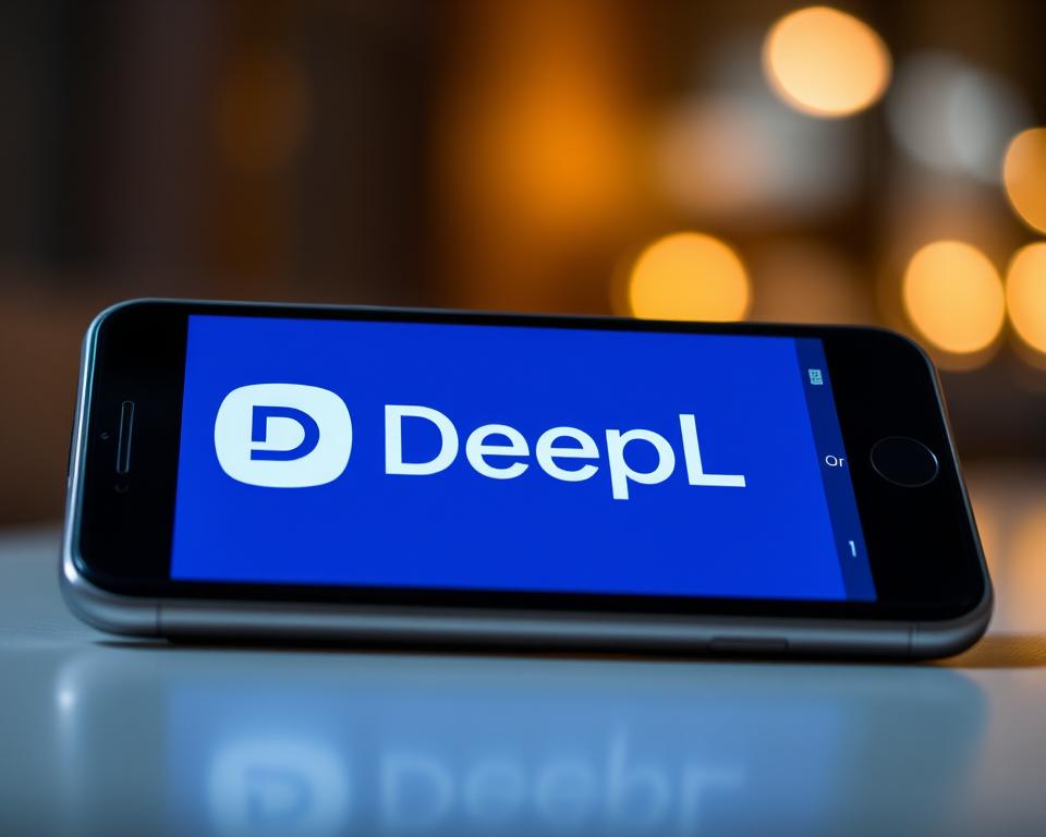 A sleek, modern mobile device prominently displays the DeepL logo, its bold blue and white color scheme commanding attention. The screen showcases a seamless translation interface, with intuitive controls and a clean, minimalist design. The device is set against a blurred, out-of-focus background, emphasizing the app's focus and functionality. Subtle lighting casts a warm, inviting glow, creating a sense of sophistication and professionalism. The overall composition conveys the ease and efficiency of DeepL's mobile translation capabilities, perfectly suited for the "DeepL移动应用功能详解" section of the article.