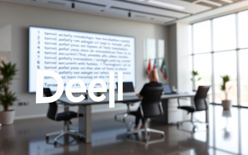 A sleek, modern office setting with a large, high-resolution display showcasing crisp, accurate translations powered by DeepL. The foreground features the DeepL logo prominently displayed, conveying a sense of quality and reliability. The middle ground depicts a professional working environment with a minimalist, elegant aesthetic, hinting at the precision and efficiency of DeepL's translation services. The background includes subtle visual cues, such as international flags or world maps, suggesting the global reach and multilingual capabilities of the platform. The overall mood is one of professionalism, technology, and language mastery, reflecting the high-quality translation experience DeepL provides.