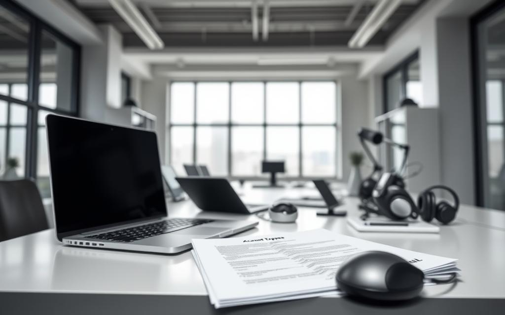 A sleek, modern office workspace with a clean, minimalist aesthetic. In the foreground, a high-quality desk setup features a laptop, mouse, and a stack of papers labeled "DeepL Account Types". The middle ground showcases an array of digital devices and accessories, such as a tablet, smartphone, and headphones, all seamlessly integrated into the workspace. The background features floor-to-ceiling windows, allowing natural light to flood the space and create a sense of openness and professionalism. The overall mood is one of efficiency, productivity, and the seamless integration of technology into the modern work environment.