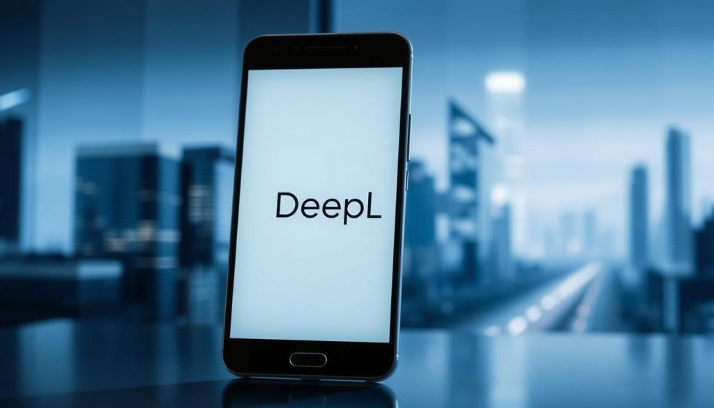 A sleek, modern smartphone display in the foreground, showcasing the DeepL app interface with a clean, minimalist design. In the middle ground, an illustration of the Android operating system logo, subtly hinting at the mobile platform. The background features a softly blurred cityscape, conveying a sense of technology and urban sophistication. The lighting is cool and slightly dramatic, casting subtle shadows and highlights to accentuate the device's details. The entire scene exudes a professional, high-quality aesthetic suitable for an instructional article on downloading DeepL on an Android smartphone.