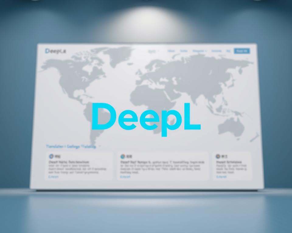 A sleek, modern user interface for the DeepL translation service. In the foreground, the DeepL logo stands out prominently, its vibrant blue hue commanding attention. The middle ground features a seamless, intuitive layout with clean typography and well-organized translation tools. The background showcases a subtle, blurred world map, hinting at DeepL's global reach and versatility. The overall aesthetic is minimalist and elegant, with a focus on usability and functionality. Soft lighting illuminates the scene, creating a sense of professionalism and reliability. The composition is balanced, with a strong emphasis on the key features of the DeepL translation platform.