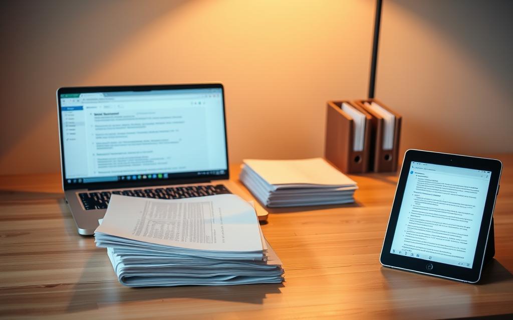 An elegant desktop workspace with a laptop, tablet, and stacked documents on a clean wooden surface. Warm indirect lighting illuminates the scene, casting soft shadows and highlighting the muted color palette. The laptop screen displays a file translation interface, while the tablet shows a content preview. Carefully organized folders and folders suggest an efficient, streamlined batch translation workflow. The atmosphere conveys a sense of productivity, focus, and technological mastery.