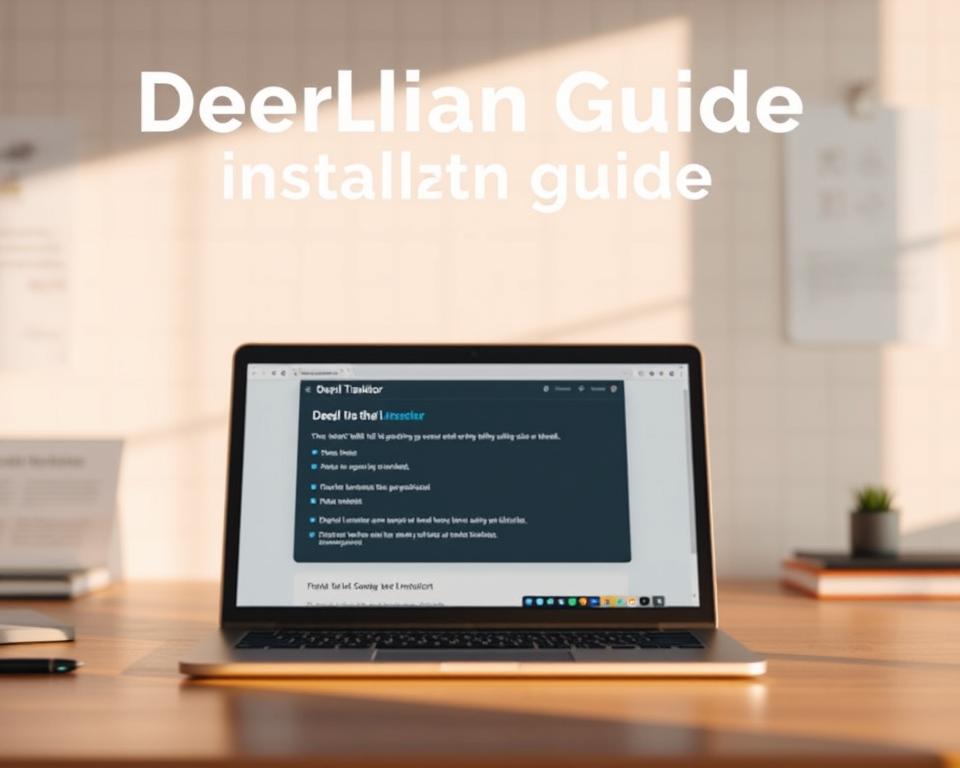 A detailed installation guide for DeepL Translator, presented in a clean, minimal style. The guide features a laptop or desktop computer in the foreground, displaying the DeepL website and installation steps. The background is a neutral, slightly blurred workspace, with subtle grid lines or patterns to convey a sense of organization and professionalism. The lighting is warm and natural, creating a calm, informative atmosphere. The overall composition is balanced, with the device and screen occupying the central focus, surrounded by ample negative space to allow the content to stand out. The image should convey a sense of clear, step-by-step instructions for the DeepL installation process.