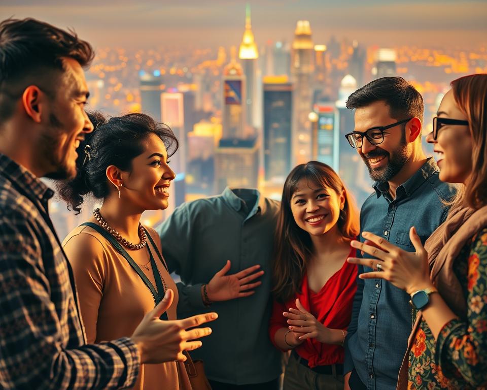 A diverse group of people from different cultural backgrounds engaged in lively multilingual conversation, set against a backdrop of vibrant, interconnected global cities. Warm lighting illuminates their animated gestures and expressive faces as they exchange ideas, fostering mutual understanding across language barriers. The scene conveys a sense of dynamic collaboration, seamless communication, and the enriching power of linguistic diversity. A diverse group of people from different cultural backgrounds engaged in lively multilingual conversation, set against a backdrop of vibrant, interconnected global cities. Warm lighting illuminates their animated gestures and expressive faces as they exchange ideas, fostering mutual understanding across language barriers. The scene conveys a sense of dynamic collaboration, seamless communication, and the enriching power of linguistic diversity.
