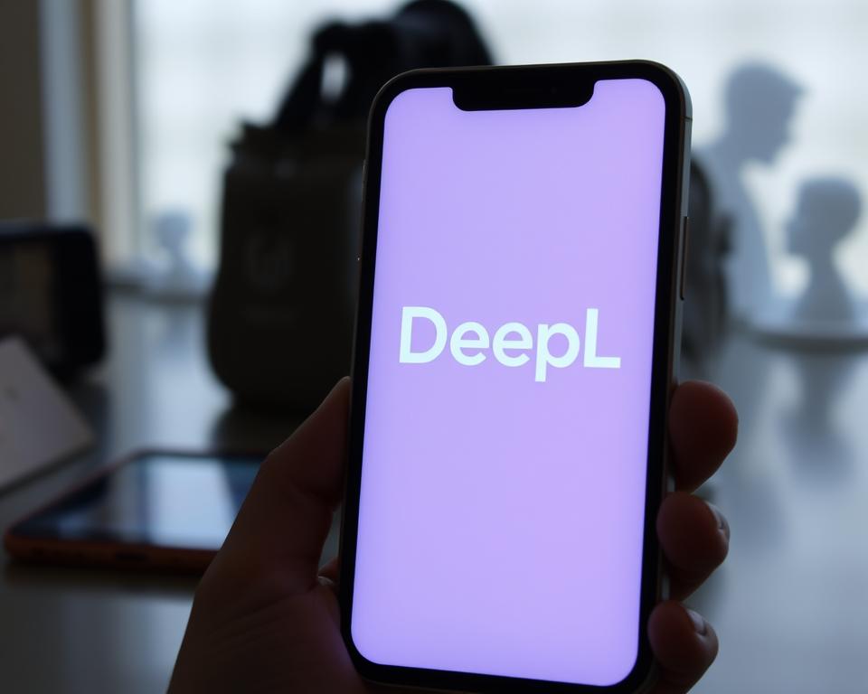 A sleek and modern mobile app interface showcasing the DeepL translation service. The foreground features the DeepL logo prominently displayed on a vibrant, minimalist screen with intuitive touch controls. The middle ground depicts a user interacting with the app, highlighting the seamless translation experience across various languages. The background subtly hints at the versatility of the app, with faint silhouettes of different mobile devices in the backdrop, suggesting its cross-platform compatibility. The overall scene conveys a sense of sophistication and efficiency, reflecting the advanced capabilities of the DeepL mobile application.