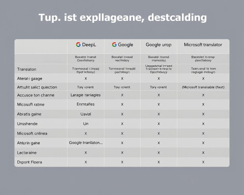 A well-lit, high-resolution comparison table showcasing the translation accuracy of popular language translation services like DeepL, Google Translate, and Microsoft Translator. The table features carefully selected sample texts in various languages, with each service's performance displayed in a clean, organized manner. The background is a subdued, neutral tone to draw focus to the table. The overall aesthetic is modern, informative, and visually striking, perfectly suited to accompany an article exploring the capabilities of these translation tools. A well-lit, high-resolution comparison table showcasing the translation accuracy of popular language translation services like DeepL, Google Translate, and Microsoft Translator. The table features carefully selected sample texts in various languages, with each service's performance displayed in a clean, organized manner. The background is a subdued, neutral tone to draw focus to the table. The overall aesthetic is modern, informative, and visually striking, perfectly suited to accompany an article exploring the capabilities of these translation tools.